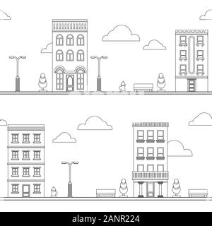 Patern seamless tile cartoon houses street panorama with with roads, windows, doors. Funny minimal flat cityscape Stock Vector