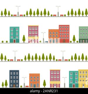 Patern seamless tile cartoon houses street panorama with with roads, windows, doors. Funny minimal flat cityscape Stock Vector