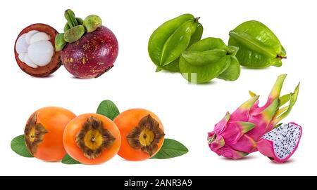 Mangosteen,carambole,dragon fruit,persimmon   isolated on white background Stock Photo