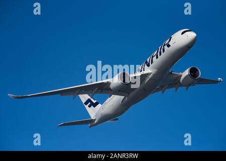 Helsinki, Finland - 9 June 2017: Finnair Airbus A350 XWB airliner flying on blue sky over Helsinki at the Kaivopuisto Air Show 2017 Stock Photo