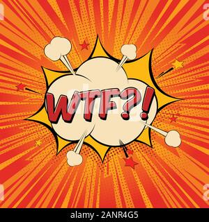 WTF comic text speech bubble. Sound effect bang cloud icon of color phrase lettering. Cartoon vector illustration on red background. Stock Vector