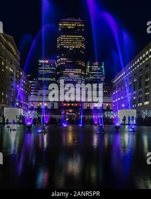 London, England, United Kingdom - January 18, 2020: Liquid Sound by ENTERTAINMENT EFFECT art installation at Winter Lights 2020 Canary Wharf in London