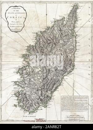 A New Map of the Island and Kingdom of Corsica. An extraordinary 1794 map of the Island and Kingdom of Corsica. Covers the entire island in extraordinary detail offering both topographical and political information. With its unique blend of dramatic mountains and stunning pristine beaches, Corsica is considered to be one of the world's most beautiful places. A note in the lower right hand quadrant discusses the geography and population of the island. Prepared by Thomas Jefferys and published by Laurie & Whittle in Kitchin's 1794 General Atlas Stock Photo