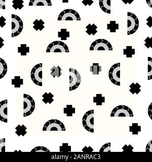Seamless black and white half circle and cross shape pattern. Geometric elements repeat background. Stock Vector