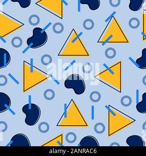 Seamless geometric pattern contain triangle, circle, lines and organic shape. Memphis style design repeat background. Stock Vector