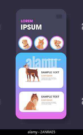 different dogs icons furry human friends pets website or online shop cartoon animals smartphone screen mobile app copy space vertical vector illustration Stock Vector