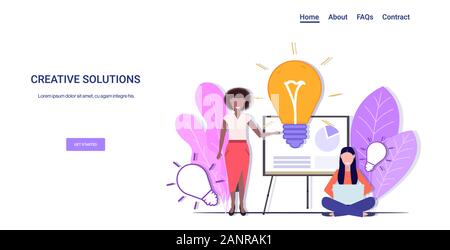 businesspeople presenting new business project on flip chart successful teamwork creative solutions big idea concept mix race women coworkers with light lamp horizontal copy space full length vector illustration Stock Vector