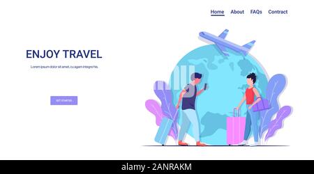 people with luggage having holiday trip enjoy travel concept man woman travelers couple airplane passengers world map background horizontal copy space full length vector illustration Stock Vector