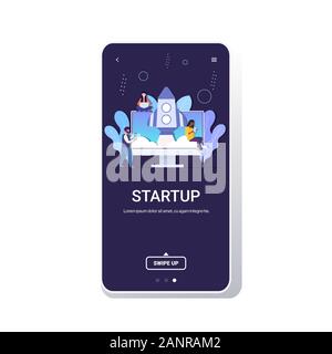 businesspeople brainstorming successful team launching space rocket startup concept mix race employees using digital devices smartphone screen mobile app copy space full length vector illustration Stock Vector