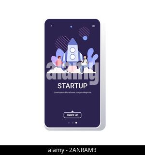 businesspeople brainstorming successful team launching space rocket startup concept man woman using laptops smartphone screen online mobile app copy space full length vector illustration Stock Vector