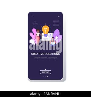 businesspeople presenting new business project on flip chart successful teamwork creative solutions big idea concept mix race women coworkers with light lamp smartphone screen copy space full length vector illustration Stock Vector