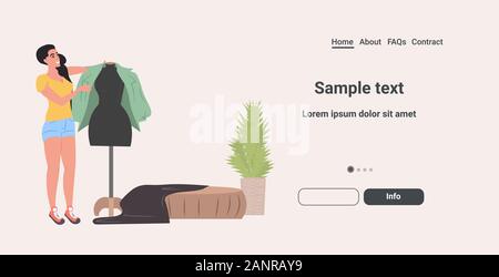 designer trying jacket on mannequin fashion creative design studio dressmaking workplace tailor shop sewing workshop concept horizontal copy space vector illustration Stock Vector