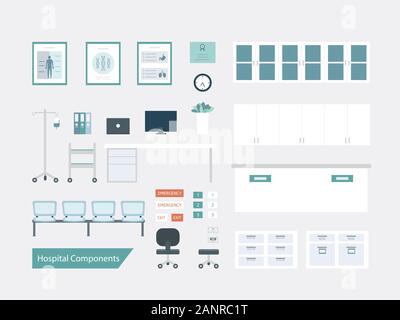 Set of hospital interior components or elements flat design vector illustration Stock Vector