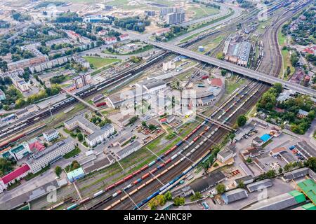 aerial top view on railway station in city. lots of freight wagons waiting for depot. Minsk, Belarus Stock Photo