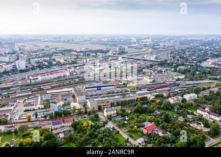 aerial panoramic view of city industrial area with railway hub. freight trains for cargo transportation. Minsk, Belarus Stock Photo