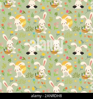 Vector cute easter bunny and eggs seamless pattern Stock Vector