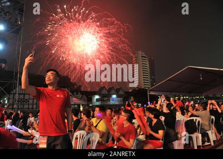 Kuala Lumpur, Malaysia. 19th Jan, 2020. Fireworks light up the sky during a Chinese Spring Festival celebrations in Kuala Lumpur, Malaysia, Jan. 18, 2020. Credit: Xinhua/Alamy Live News Stock Photo