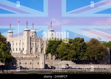 The Tower of London with Union Jack superimposed. Digital composite image. Stock Photo