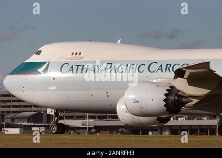 Cathay Pacific Cargo Airways Boeing 747-8 Cargo Aircraft B-LJM preparing for takeoff from Melbourne International Airport. Stock Photo