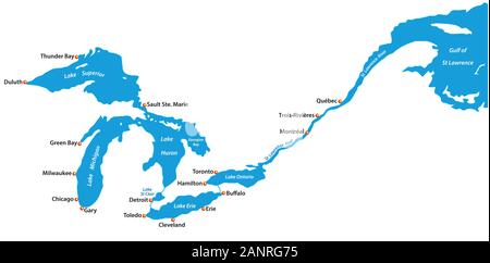 Map of the great lakes and st lawrence river with major cities Stock Vector