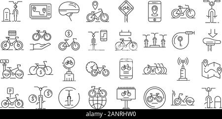 Rent a bike icons set. Outline set of rent a bike vector icons for web design isolated on white background Stock Vector