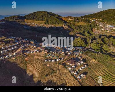 Top view aerial photo from flying drone of  Doi Mon Jam Camping Tent Tourist attractions in Mae Rim District Chiangmai Province Thailand Stock Photo