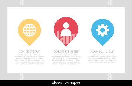 Set of blue and yellow, red elements for infographic presentation slides with charts, graphs, steps, circles, number options. Stock Vector