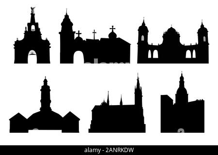 Set of a Churches silhouettes isolated on white background. Medieval church palaces, temples,cathedrals, edifices, ancient buildings collection.Vector Stock Vector