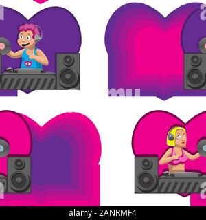 Seamless pattern DJs man woman behind the installation mix music disc on a white background. Vector image. Cartoon. Stock Vector