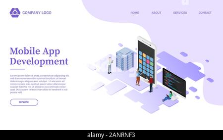 app development with mobile smartphone website template or landing homepage with isometric style - vector Stock Photo