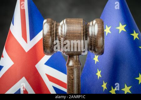 Gavel against EU and UK flags