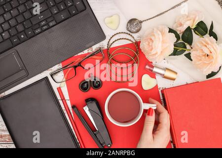 Girly romantic feminine office business and finance work space Stock Photo