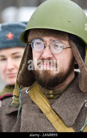 Reconstruction of the events of the Second world war, participants in the winter uniform of the red army soldiers. Russia, Samara 28 February 2015. Stock Photo