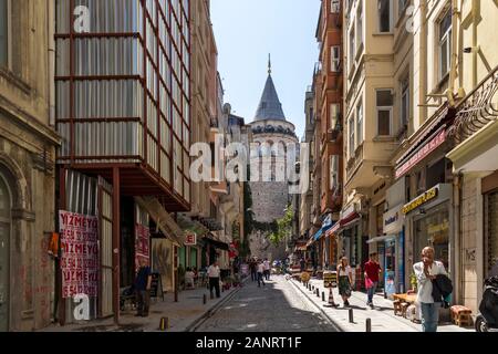 ISTANBUL, TURKEY - JULY 27, 2019: Ancient Galata Tower at the center of city of Istanbul, Turkey Stock Photo