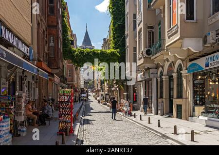 ISTANBUL, TURKEY - JULY 27, 2019: Ancient Galata Tower at the center of city of Istanbul, Turkey Stock Photo