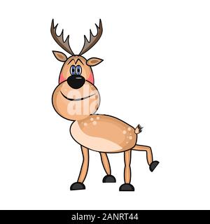 Cute Cartoon Deer isolated on white background. Funny cartoon reindeer. Christmas elk or moose for cards, invitations, printing, packs, book. Vector Stock Vector