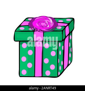 Gift box isolated on white background. Holiday present in cartoon style. Gift box reward icon.Christmas green gift box with red ribbon and dots.Vector Stock Vector