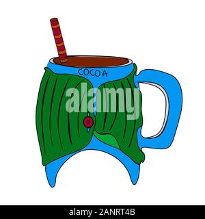 Mug with winter drink, cocoa isolated on white background. Green cup with hot drink, Eggnog, chocolate, coffee. Cup decorated with sweater. Vector Stock Vector