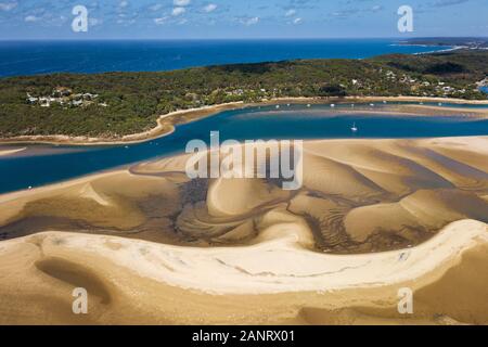 Aerial view on the amazing sandbar at low tide in Town of 1770. Stock Photo