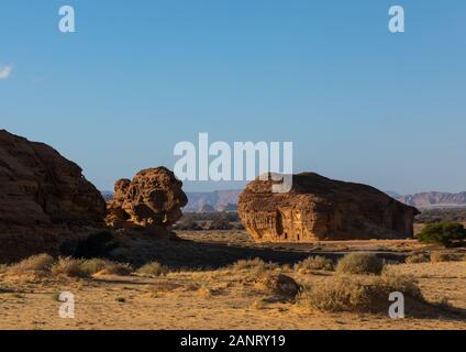 Nabataean tombs in al-Hijr archaeological site in Madain Saleh, Al Madinah Province, Alula, Saudi Arabia Stock Photo