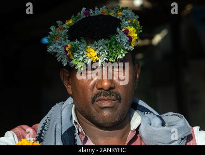 Portrait of a flower man wearing a floral crown on the head, Jizan province, Sabya, Saudi Arabia Stock Photo