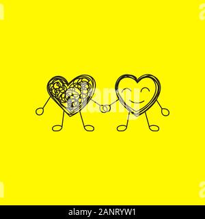 psychotherapy icon, coach logo, two doodle hearts holding hands, help concept, transform mataphor, tangled and untangled hearts, mentor idea, black and yellow vector illustration Stock Vector