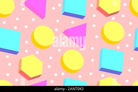 Seamless geometric memphis 3D pattern, vector pastel background in 80s style, abstract shapes Stock Vector