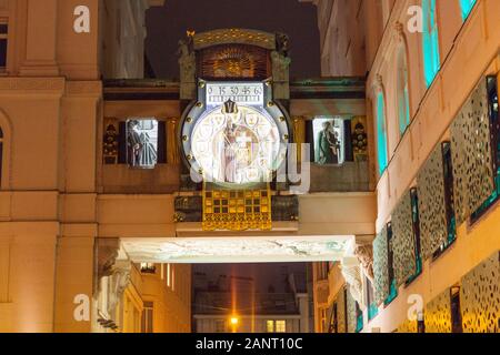 Ankeruhr clock at night, Vienna, Austria Stock Photo