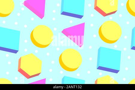 Seamless geometric memphis 3D pattern, vector background in 80s style, abstract shapes Stock Vector