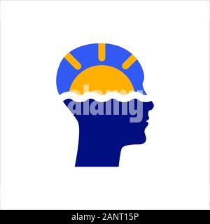 Sun and sea in human head, symbol of travel, logo for tourist agency, vector icon concept vacation Stock Vector