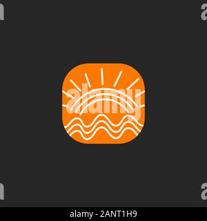 Sun and sea icon, hand drawn travel log, orange vector sign Stock Vector