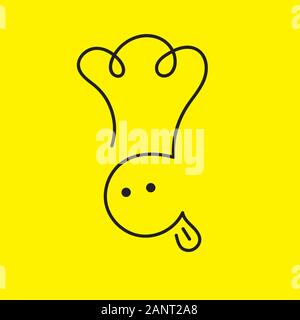 Chef icon, hand drawn funny doodle cook in hat with tongue, vector emoticon, emodji, black abd yellow sketch element Stock Vector