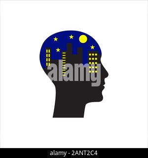 man with city in his head, urban vector flat logo Stock Vector