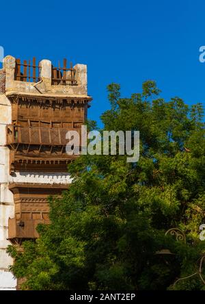 Historic house with wooden mashrabiyas in al-Balad quarter, Mecca province, Jeddah, Saudi Arabia Stock Photo